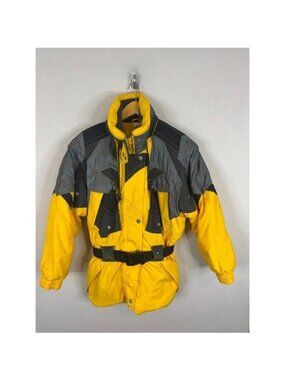 Vintage Rodeo C&A Ski Jacket Yellow Grey Black Belted Padded Winter Coat UK 14 M